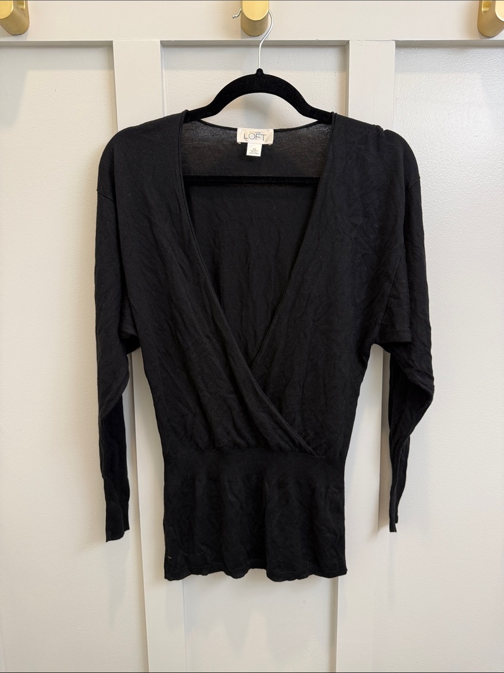 LOFT Black Wrap-Front Long Sleeve Top